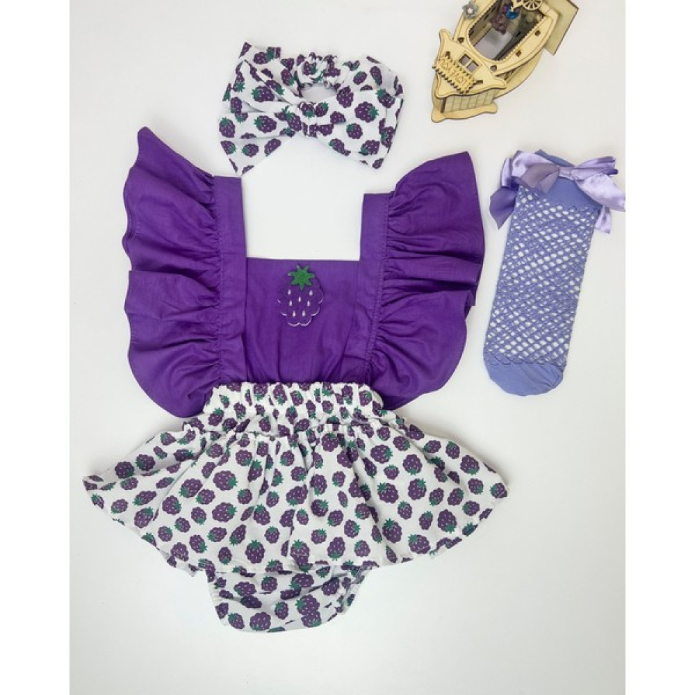 Trend Sizde Mor Böğürtlen Salopet Bandana Çorap Romper Takım Bebek Giysi Takım Fiyatı