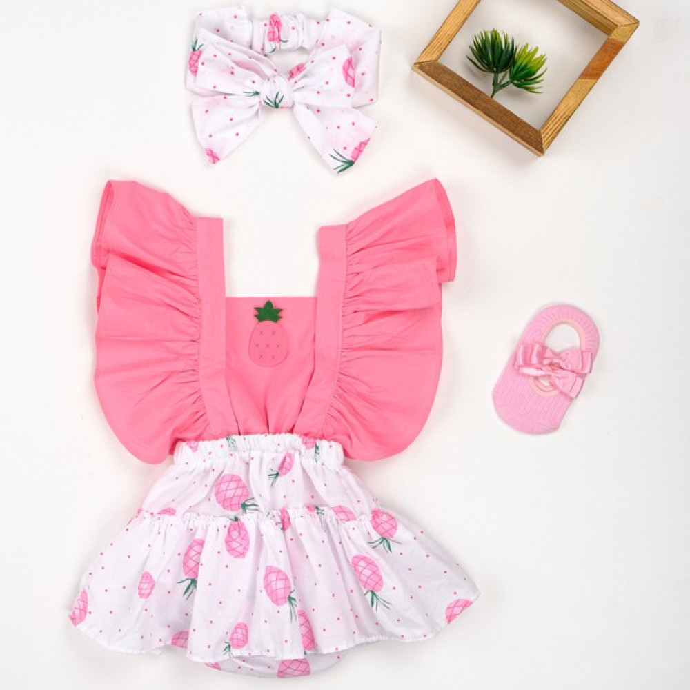 Trend Sizde Pembe Ananas Salopet Bandana Çorap Romper Takım Bebek Giysi Takım Fiyatı