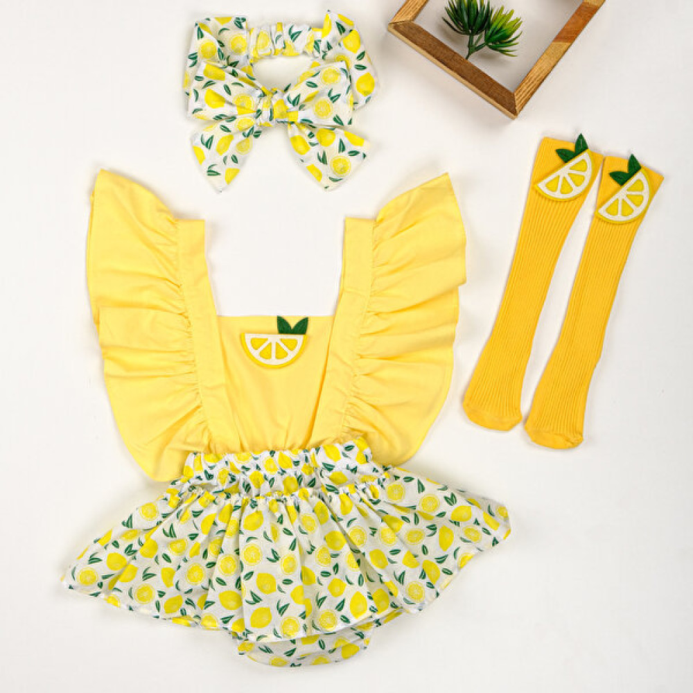 Trend Sizde Sarı Limon Salopet Bandana Çorap Romper Takım Bebek Giysi Takım Fiyatı