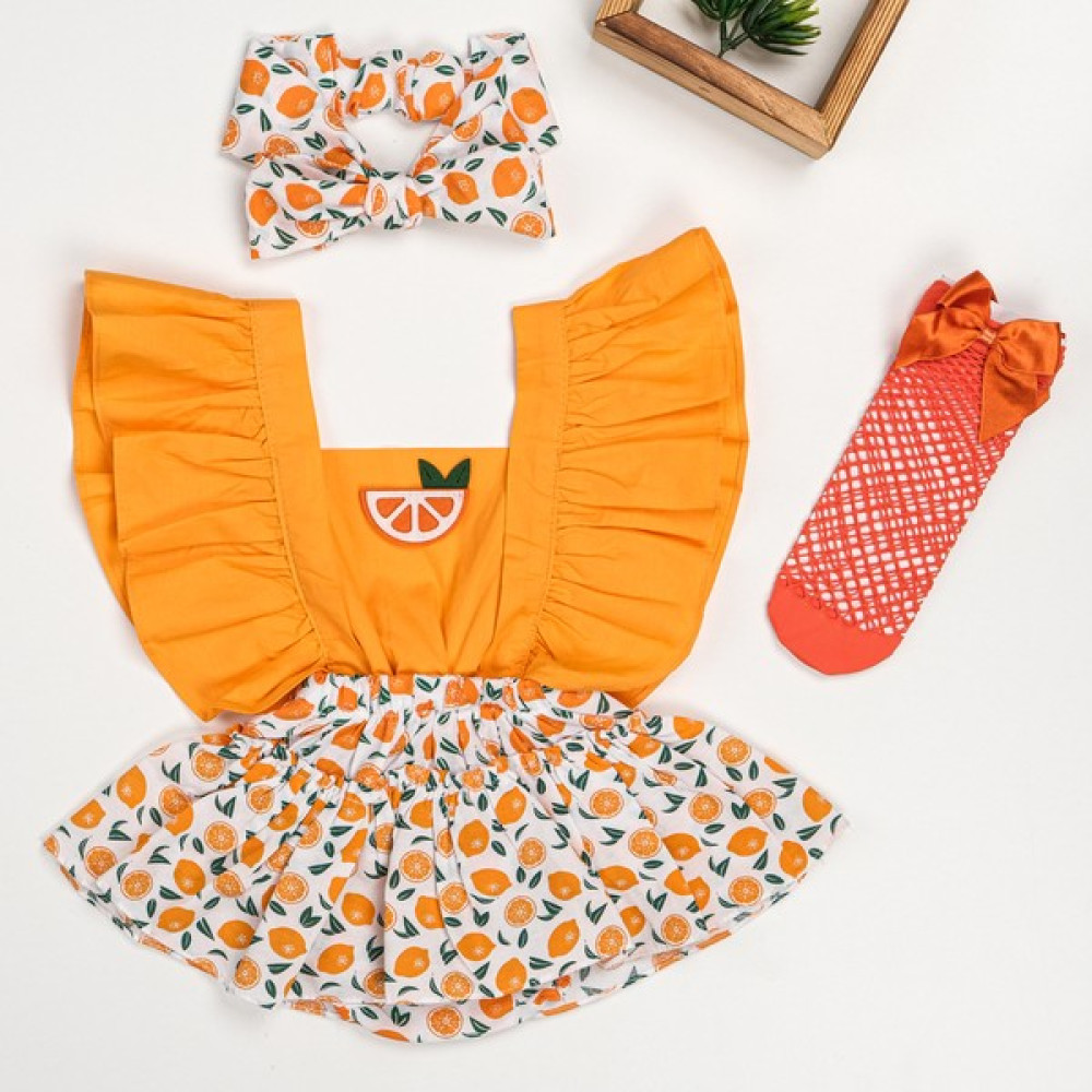 Trend Sizde Turuncu Portakal Salopet Bandana Çorap Romper Takım Bebek Giysi Takım Fiyatı