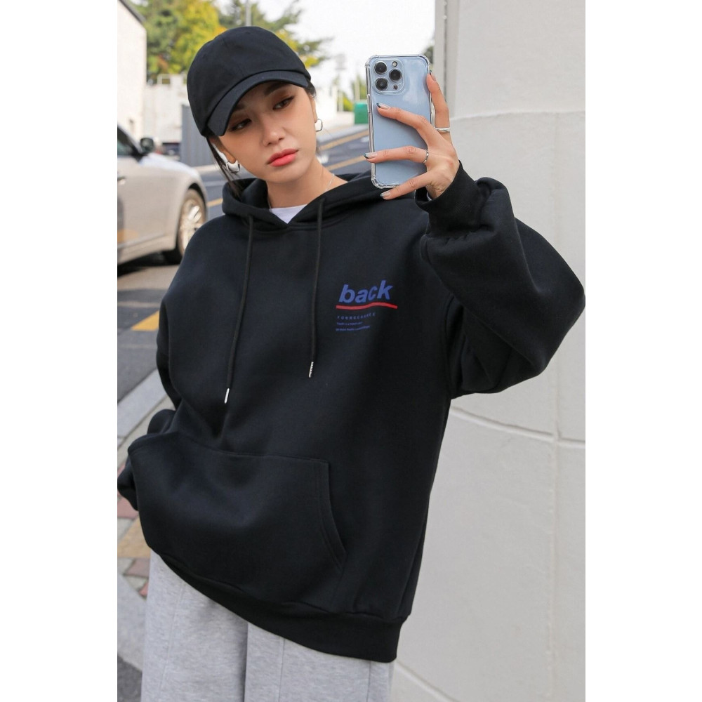 Trend Sizde Unisex Siyah Ön Arka Baskılı Kapşonlu Sweatshirt L Beden Bayan Sweatshirt Fiyatı