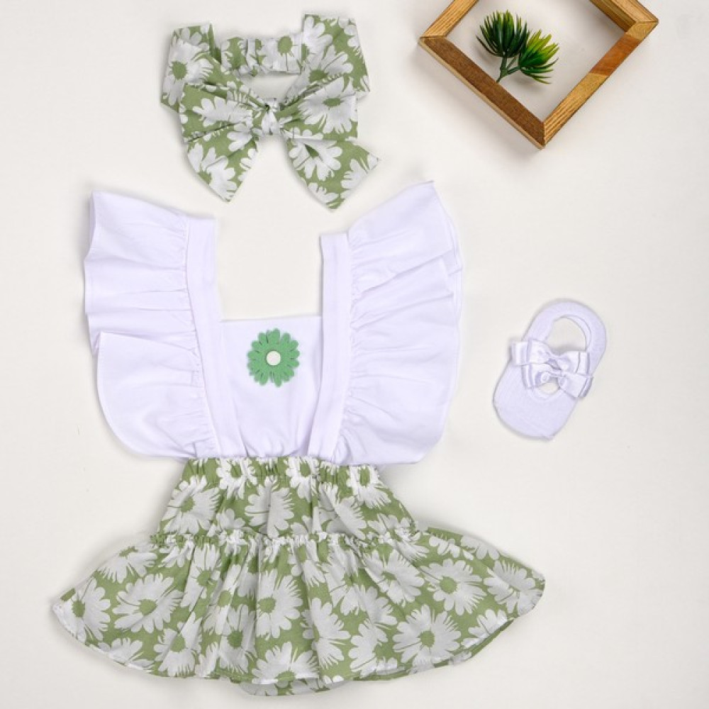 Trend Sizde Yeşil Papatya Salopet Bandana Çorap Romper Takım Bebek Giysi Takım Fiyatı