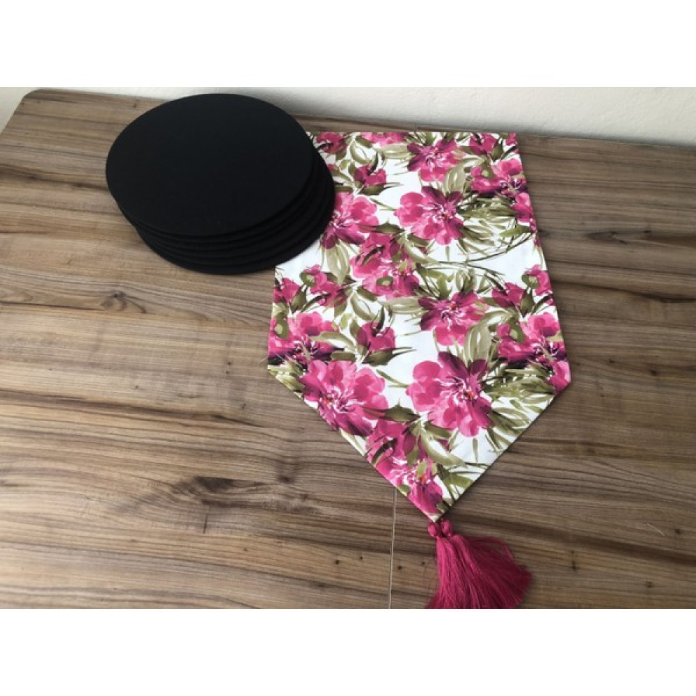 Trend Yuvam Beyaz Zemn Fuşya Çiçek Desenli Runner & Supla Seti - Siyah - 33 x 33 cm Amerikan Servis Fiyatı