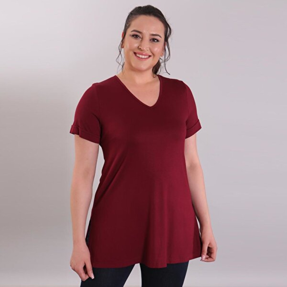 TREND42PLUS V Yaka Basic Bordo Büyük Beden Bluz Bluz Fiyatı