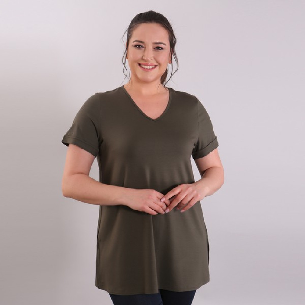 TREND42PLUS V Yaka Basic Haki Büyük Beden Bluz Bluz Fiyatı