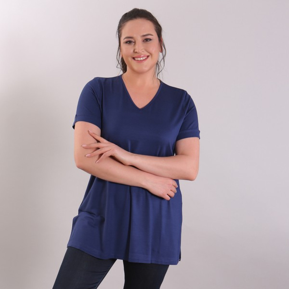TREND42PLUS V Yaka Basic Indigo Büyük Beden Bluz Bluz Fiyatı