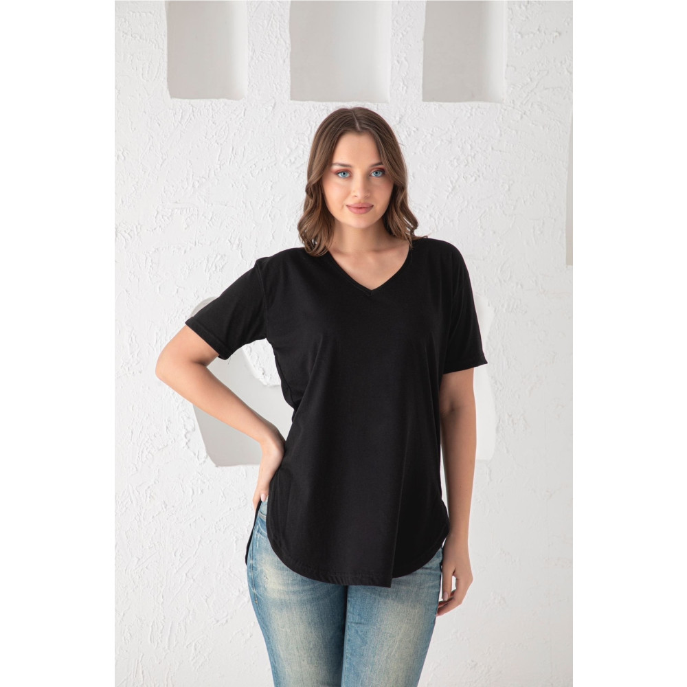 Trendbade Butik Donex Kadın Siyah V Yaka Yırtmaçlı T-shirt XL-XXL Beden Bayan T-shirt Fiyatı