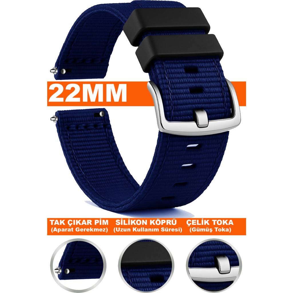 Trendburada Huawei Watch Gt Gt2 Gt3 Gt4 Gt5 Pro 46mm-Xiaomi Redmi Watch 5 Active-Lite 22mm Nato Kumaş Saat Kordonu TB1 - Gümüş - Lacivert Cep Telefonu Fiyatı