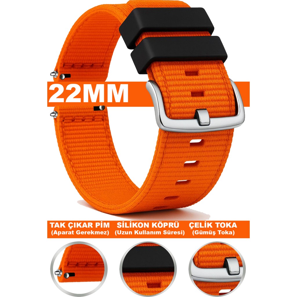 Trendburada Huawei Watch Gt Gt2 Gt3 Gt4 Gt5 Pro 46mm-Xiaomi Redmi Watch 5 Active-Lite 22mm Nato Kumaş Saat Kordonu TB1 - Gümüş - Turuncu Cep Telefonu Fiyatı