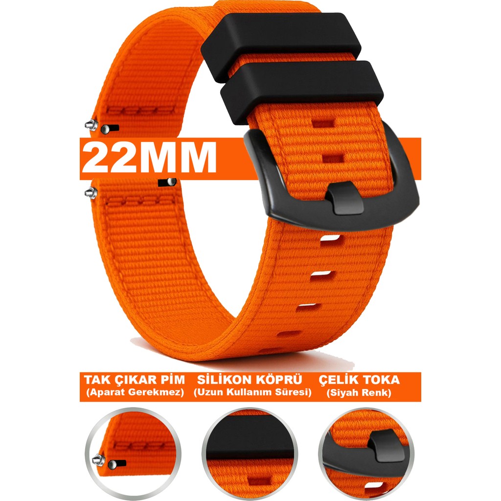 Trendburada Huawei Watch Gt Gt2 Gt3 Gt4 Gt5 Pro 46mm-Xiaomi Redmi Watch 5 Active-Lite 22mm Nato Kumaş Saat Kordonu TB1 - Siyah - Turuncu Cep Telefonu Fiyatı