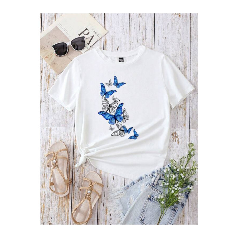 trendgar Mavi Kelebek Baskılı Beyaz Tişort S Beden Bayan T-shirt Fiyatı