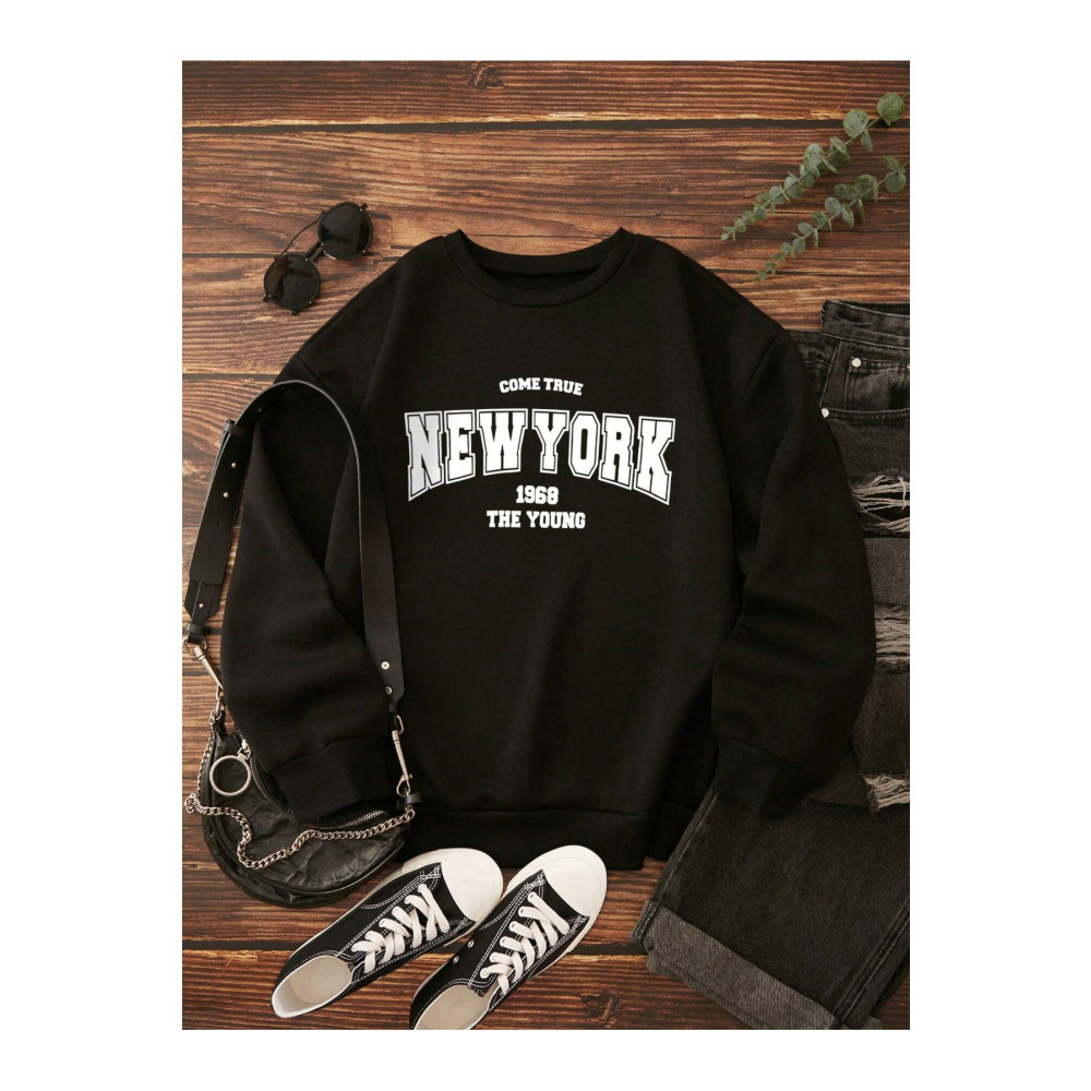 trendgar sıyah new yourk baskılı sıfır yaka sweat S Beden Bayan Sweatshirt Fiyatı