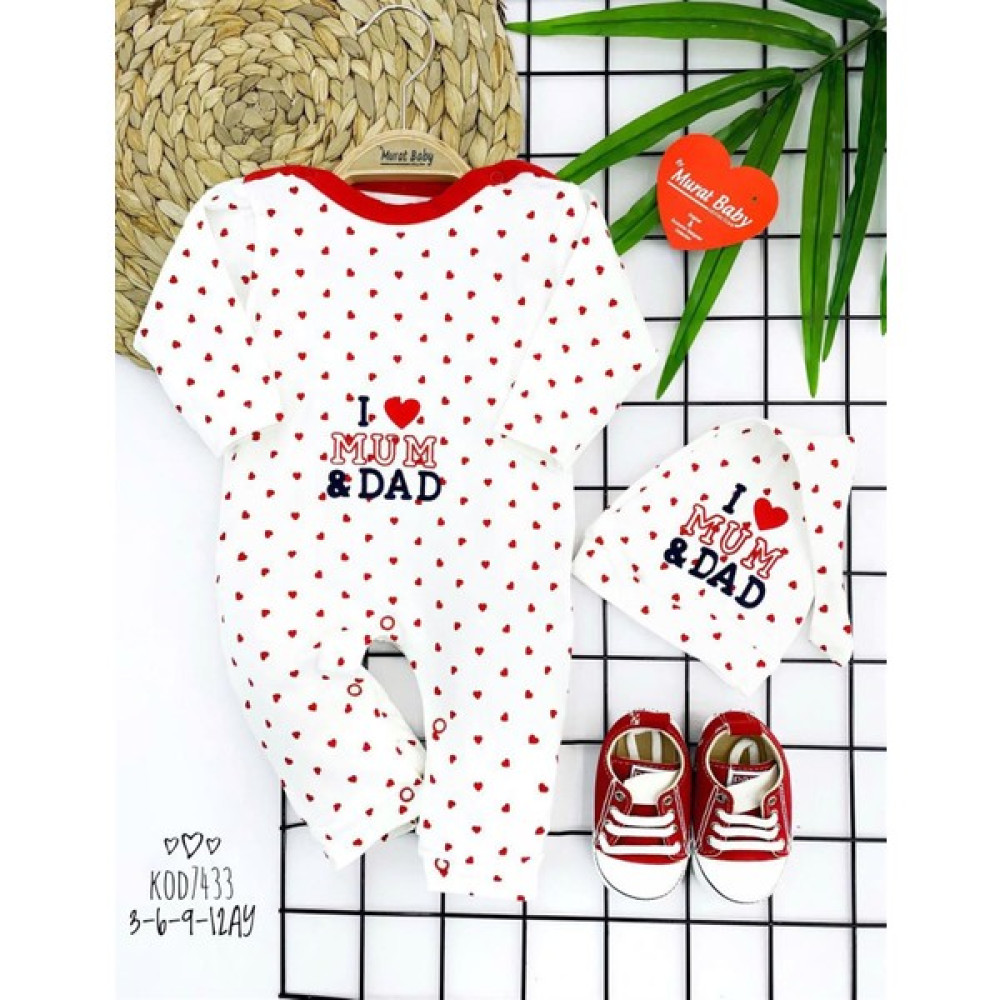 Trendimizbir Minik Kalpli I Love Mum And Dad Baskılı Şapkalı Kız Bebe Tulum Bebek Tulumu Fiyatı