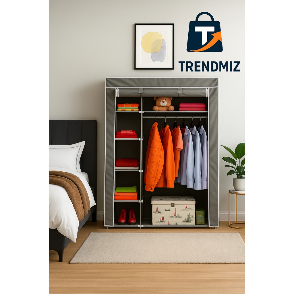 Trendmiz Father Yandan Raflı Bez Dolap | Metal Iskeletli Gardırop | Toz Geçirmez Fermuarlı Dolap - Gri Gardrop & Dolap Fiyatı