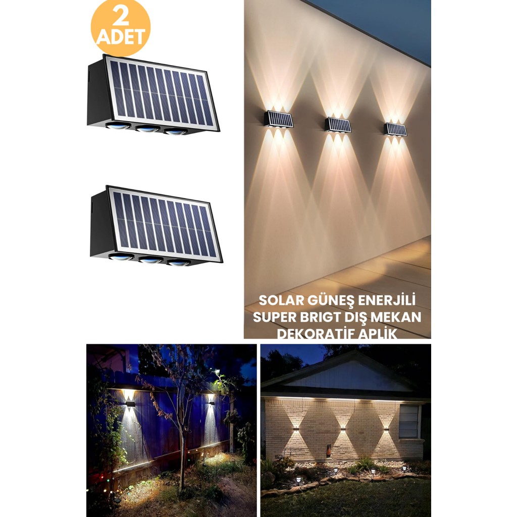 Trendpoint 2ADET Solar Çift Taraflı 6ledli Aplik Sarı Işık Duvar Lamba Bahçe Aydınlatma Güneşle Şarj Aplikler Fiyatı