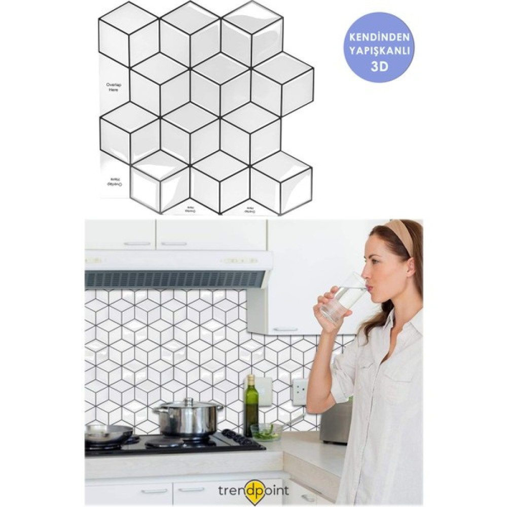 Trendpoint 3D 30×30CM Mutfak Tezgah Arası Pvc Kaplama Kendinden Yapışkanlı Prizma Beyaz Görünüm - 30 x 30 cm Duvar Kağıdı Fiyatı