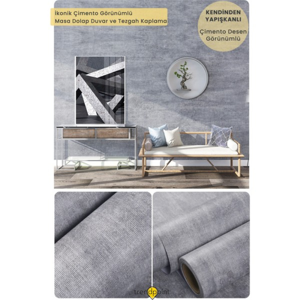 Trendpoint Kendinden Yapışkanlı 60CM×100CM Gri Dokulu Çimento Desen Dolap Masa Kaplama Duvar Kağıdı - 60 x 100 cm Duvar Kağıdı Fiyatı