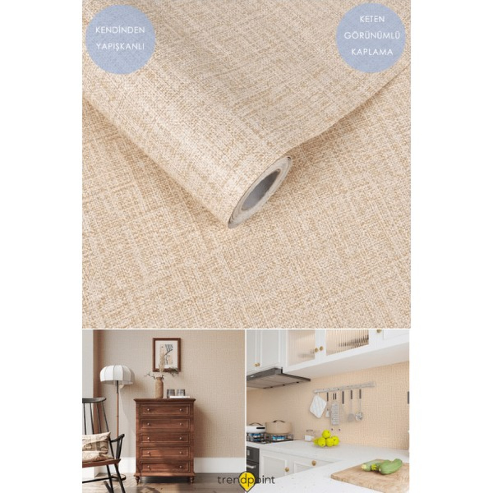 Trendpoint Kendinden Yapışkanlı 60CM×300CM Keten Görünümlü Koyubej Duvar Kağıdı Mutfak Dolap Kaplama - 60 x 300 cm - Bej Duvar Stickerı Fiyatı