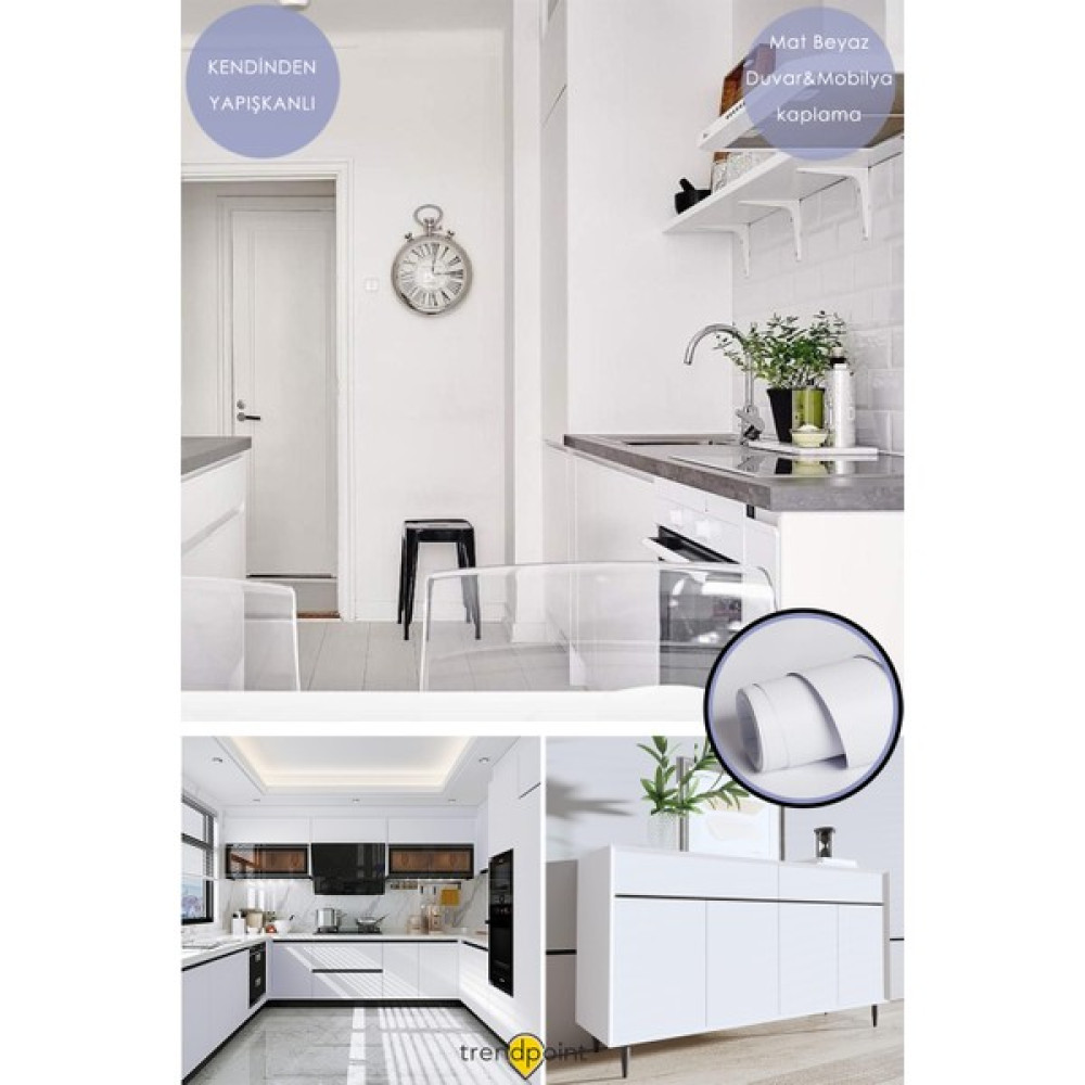 Trendpoint Kendinden Yapışkanlı 60CM×500CM Mat Beyaz Duvar Kağıdı Mutfak Tezgah Dolap Masa Kaplama Duvar Kağıdı Fiyatı