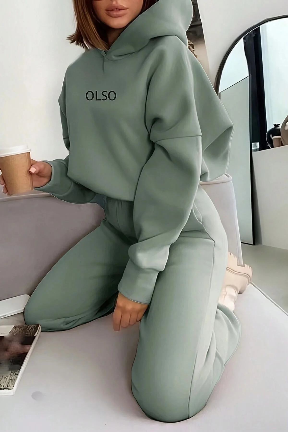 Trendseninle Kadın 3 Iplik Su Yeşili Olso Baskılı Kapüşonlu Alt Üst Eşofman Takım XL Beden" Kadın Eşofman Fiyatı