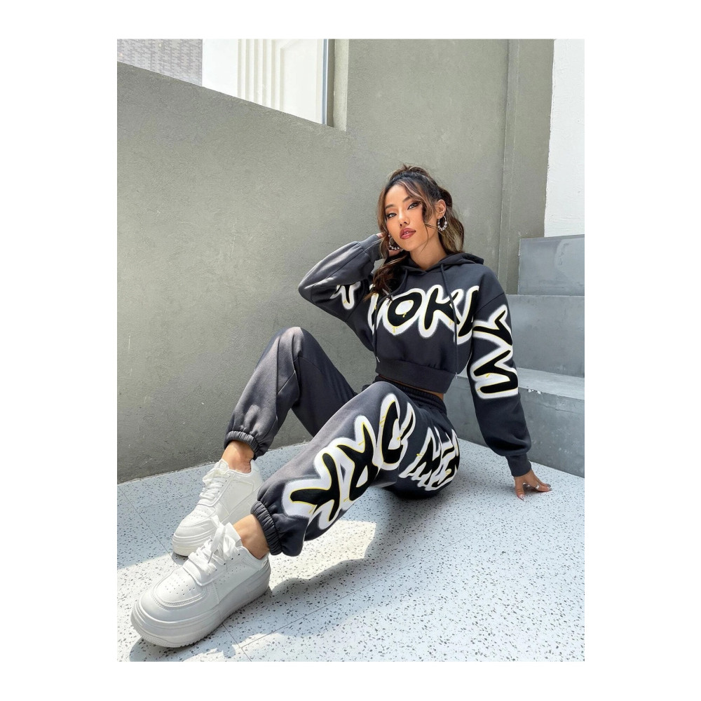 Trendseninle Kadın Füme Brooklyn Baskılı Oversize Alt Üst Crop Eşofman Takımı XL Beden Kadın Eşofman Fiyatı