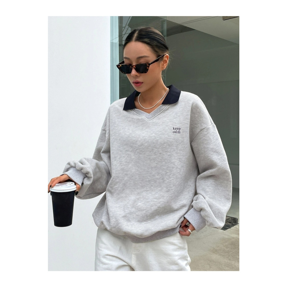 Trendseninle Kadın Gri Keep Calm Baskılı Oversize Yakalı Sweatshirt S Beden Bayan Sweatshirt Fiyatı