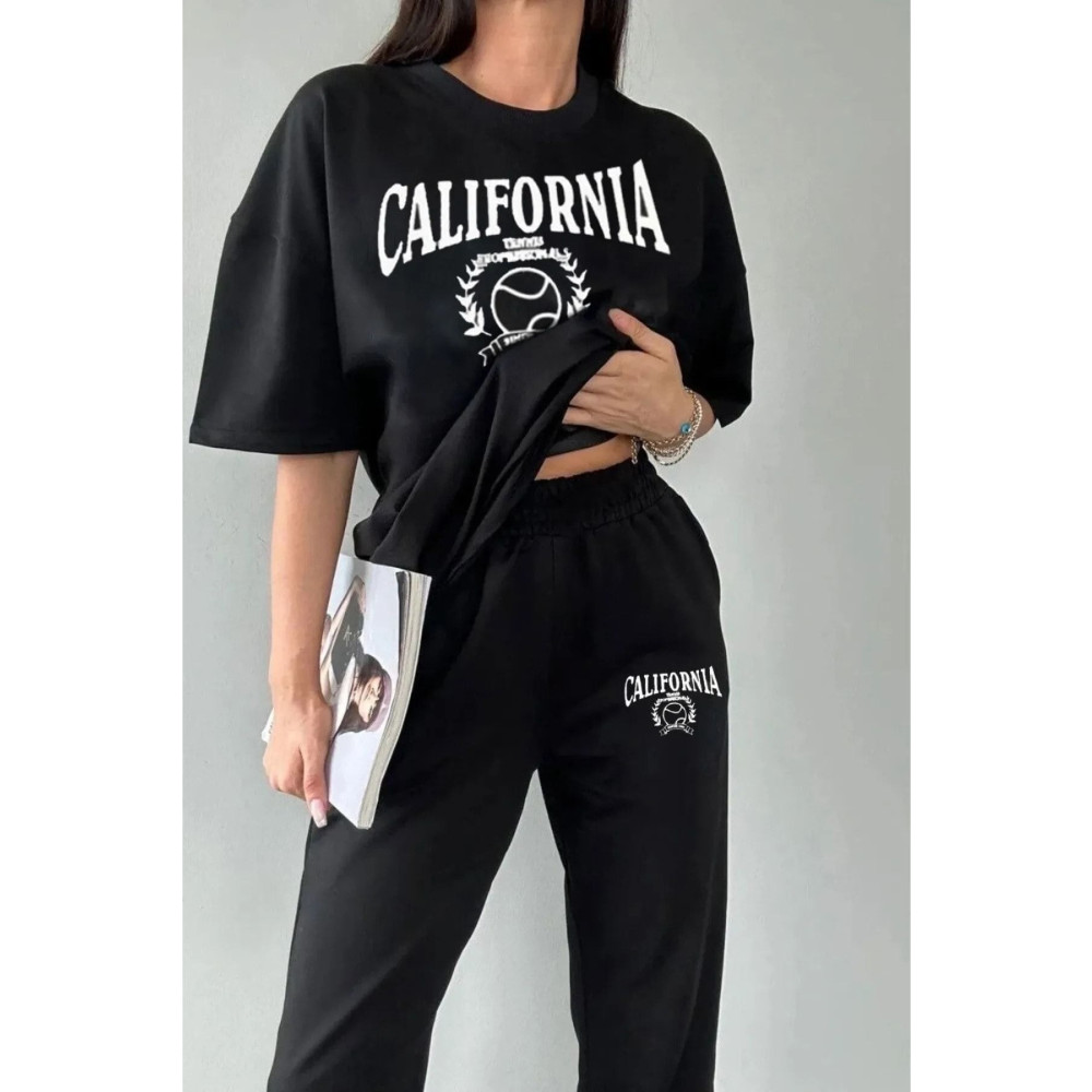 Trendseninle Tenis Eşofman Altı Ve T-shirt Siyah Jogger Tişört Alt Üst Eşofman Takımı Oversize Bisiklet Yaka L Beden Kadın Eşofman Fiyatı