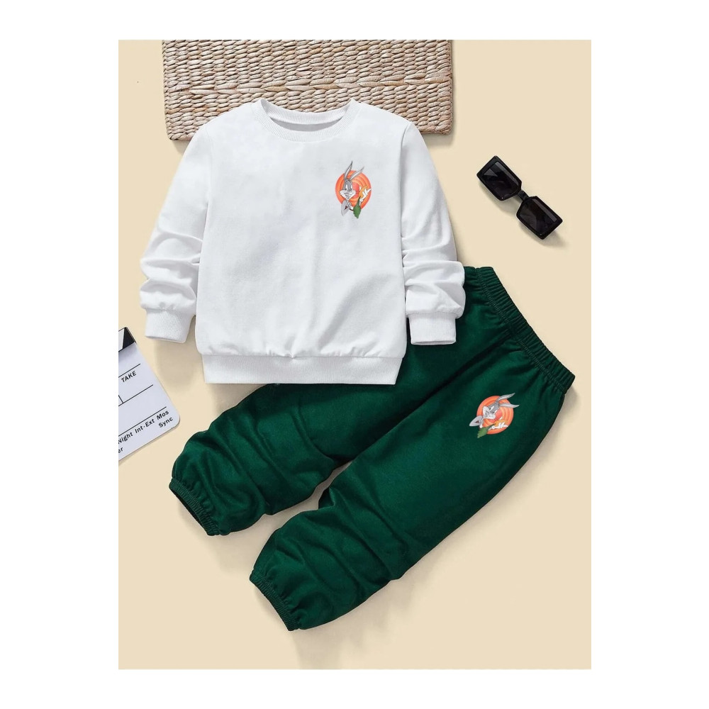Trendseninle Unisex Çocuk Pamuklu Beyaz Yeşil Bugs Bunny Baskılı Eşofman Takımı 9-10 Yaş Beden Kadın Eşofman Fiyatı