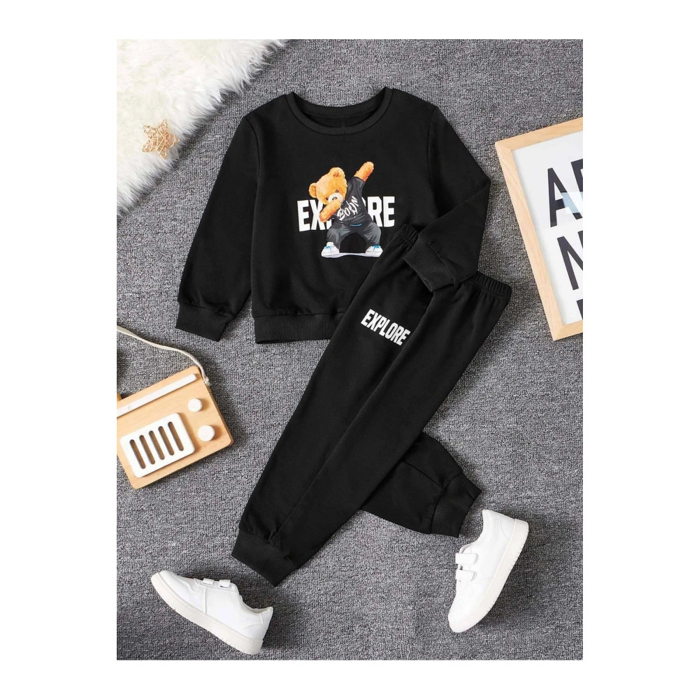 Trendseninle Unisex Çocuk Pamuklu Siyah Ayıcık Baskılı Eşofman Takımı 7-8 Yaş Beden Kadın Eşofman Fiyatı