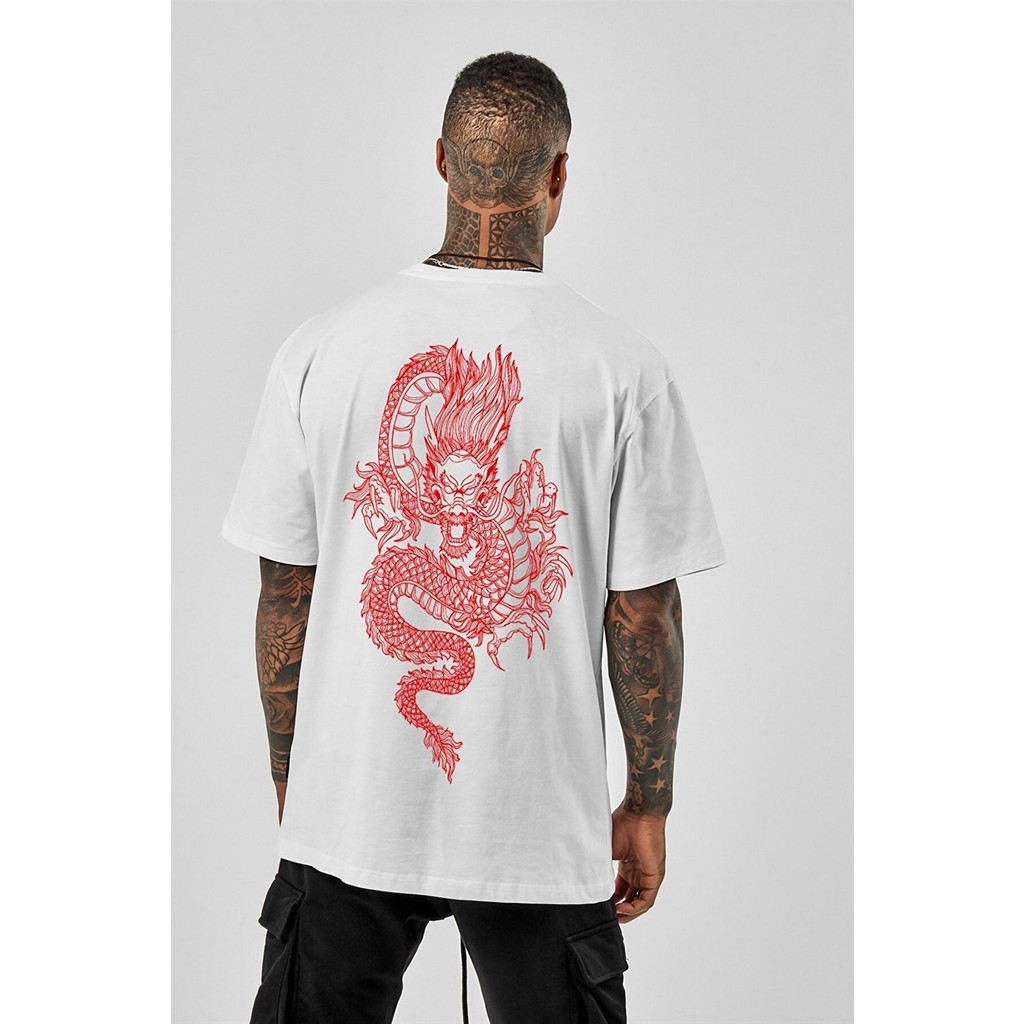 Trendseninle Unisex Oversize Dragon Baskılı Beyaz Tshirt Bayan T-shirt Fiyatı
