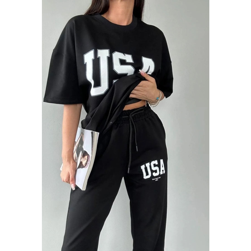 Trendseninle Usa Eşofman Altı Ve T-shirt Siyah Jogger Tişört Alt Üst Eşofman Takımı Oversize Bisiklet Yaka S Beden Kadın Eşofman Fiyatı