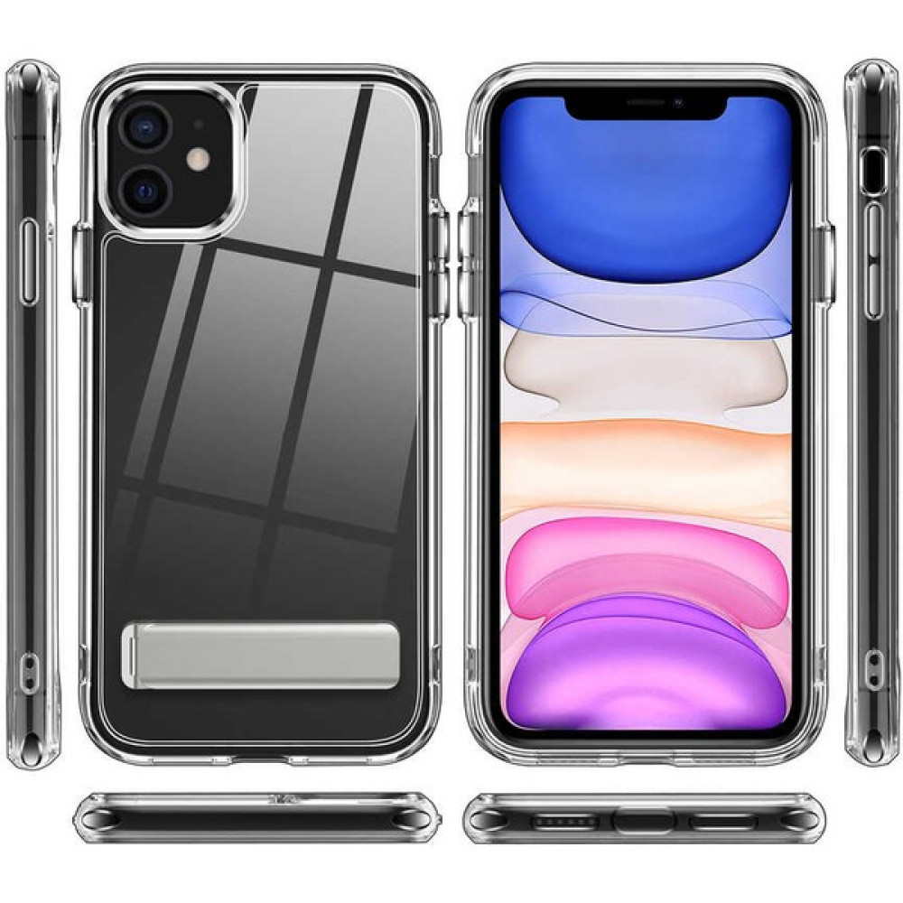 Trendshopping Apple iPhone 12 Şeffaf Standlı Köşe Korumalı Darbe Emici Hassas Buton L-Stand Kapak - Renksiz Cep Telefonu Kılıfı Fiyatı
