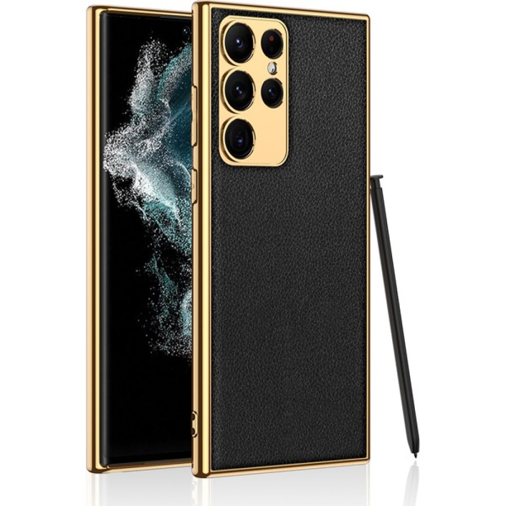 Trendshopping Galaxy S23 Ultra Kılıf Deri Görünümlü Kenarları Elektroplating Kaplama Fizyon Kapak - Siyah Cep Telefonu Kılıfı Fiyatı