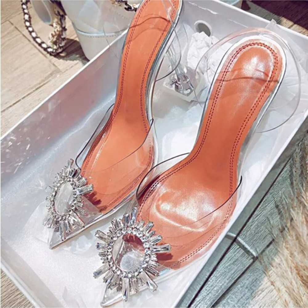 Trendy Anka Kadın Nude Ten Bej Rugan 8cm Şeffaf Topuklu Küt Kare Burunlu Stiletto Ayakkabı Terlik Topuklu Ayakkabı Fiyatı