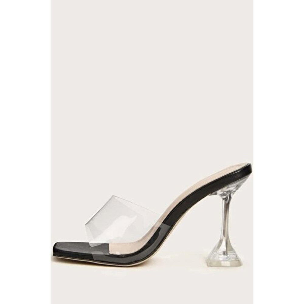 Trendy Anka Kadın Siyah 8 cm Şeffaf Topuklu Küt Kare Burunlu Stiletto Ayakkabı Terlik Topuklu Ayakkabı Fiyatı