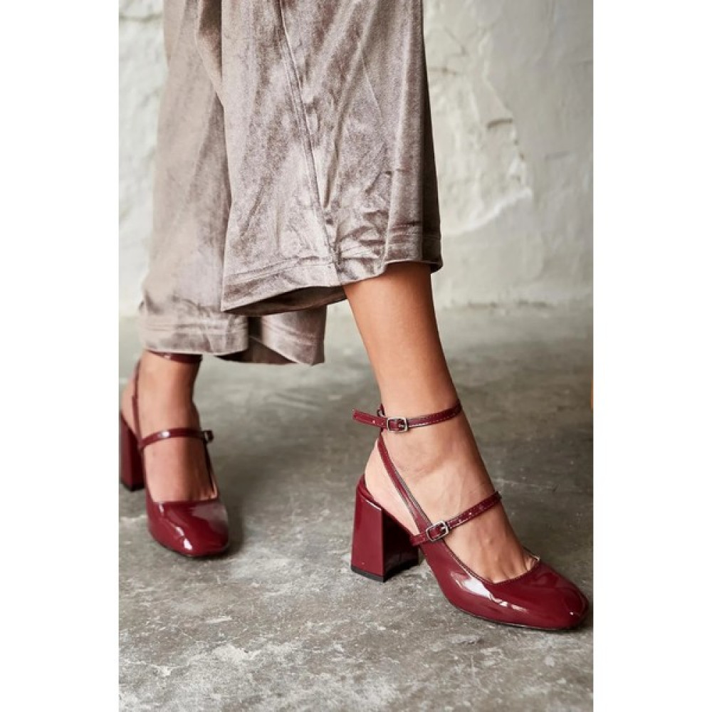 Trendy Anka Lady Bordo Rugan 7 cm Kalın Topuklu Mary Jane Küt Kare Burun Arkası Açık Rahat Ayakkabı Topuklu Ayakkabı Fiyatı