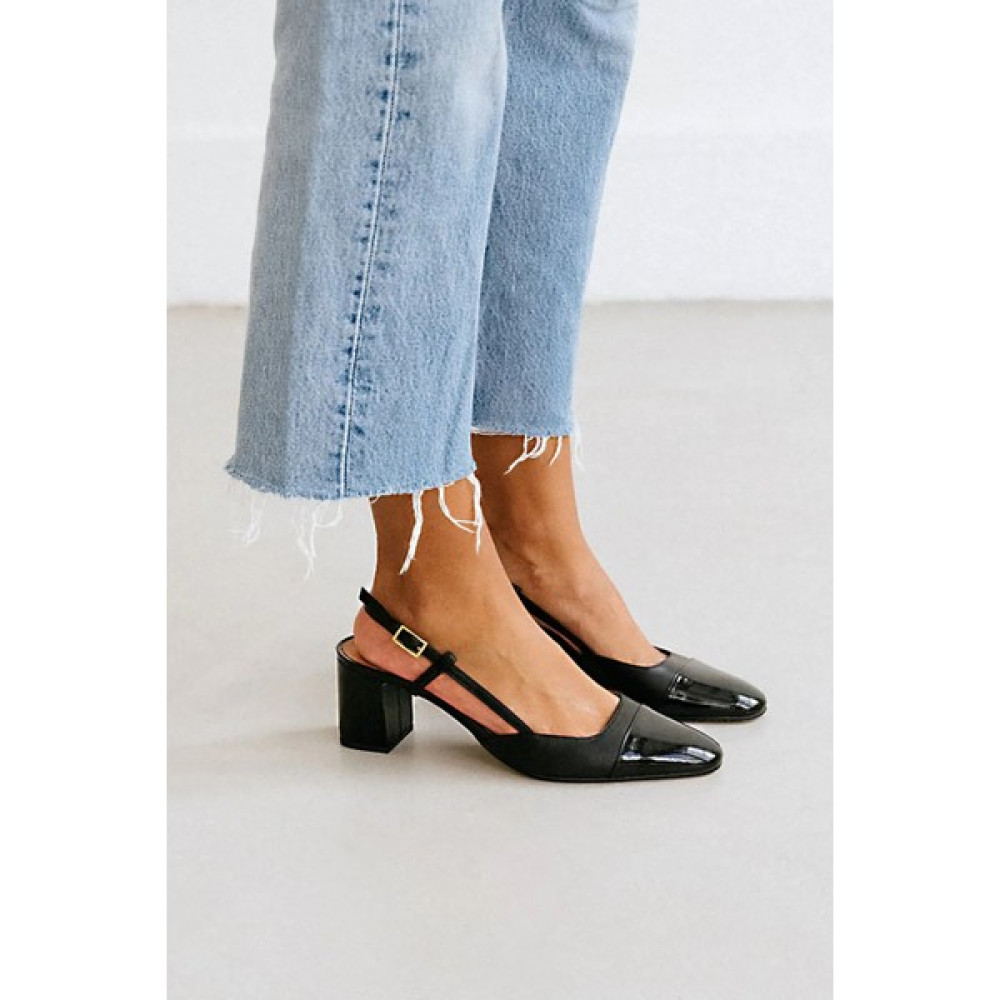 Trendy Anka Lady Siyah Rugan 6 cm Kalın Topuklu Arkası Açık Atkılı Küt Kare Burunlu Klasik Topuklu Ayakkabı Topuklu Ayakkabı Fiyatı