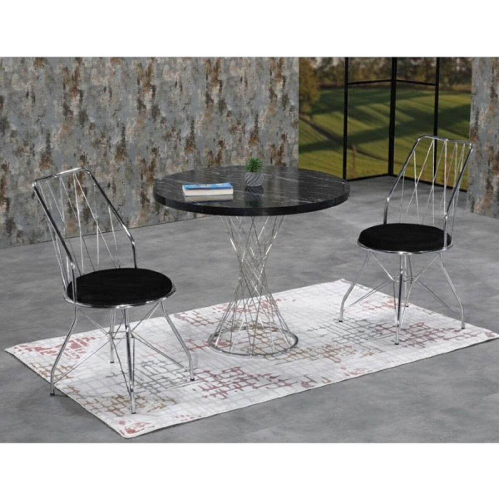 Trendy Assel Asya 2 Kişilik Siyah Mermerli Gümüş Oval Mutfak Masası Takımı - Mermer - Siyah - 90 x 90 cm Masa - Sandalye Seti / Takımı Fiyatı