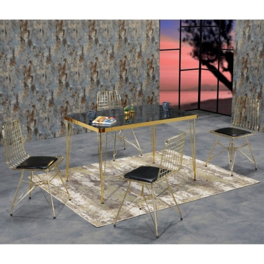Trendy Assel Berrak 4 Kişilik Siyah Mermer Görünümlü Metal Mutfak Masası Takımı-Gold Tel Sandalyeli 80X120 cm - 80 x 120 cm Masa - Sandalye Seti / Takımı Fiyatı