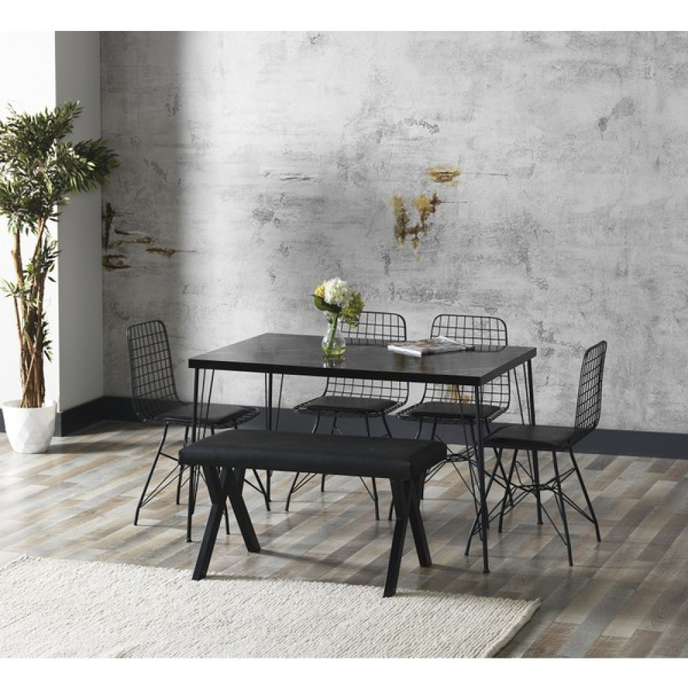 Trendy Assel Firuze Siyah Mermer Görünümlü Metal Ayaklı Mutfak Masası ve Bench Takımı - Mermer - Siyah - 80 x 120 cm Masa - Sandalye Seti / Takımı Fiyatı