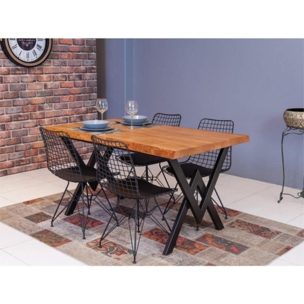 Trendy Assel Harvey Tel Kafes 4 Kişilik Tel Ayaklı Doğal Ağaçlı Masa Sandalye Takımı - 80 x 140 cm Masa - Sandalye Seti / Takımı Fiyatı