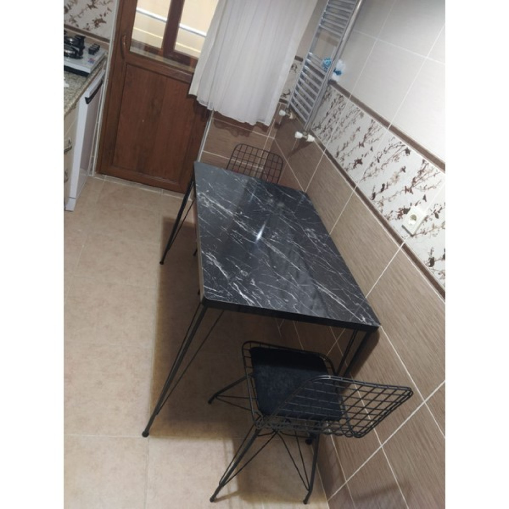 Trendy Assel Mera 2 Kişilik Yemek Masası Takımı-Mutfak Masası Takımı-Siyah Mermer Desenli - 70 x 110 cm Masa - Sandalye Seti / Takımı Fiyatı