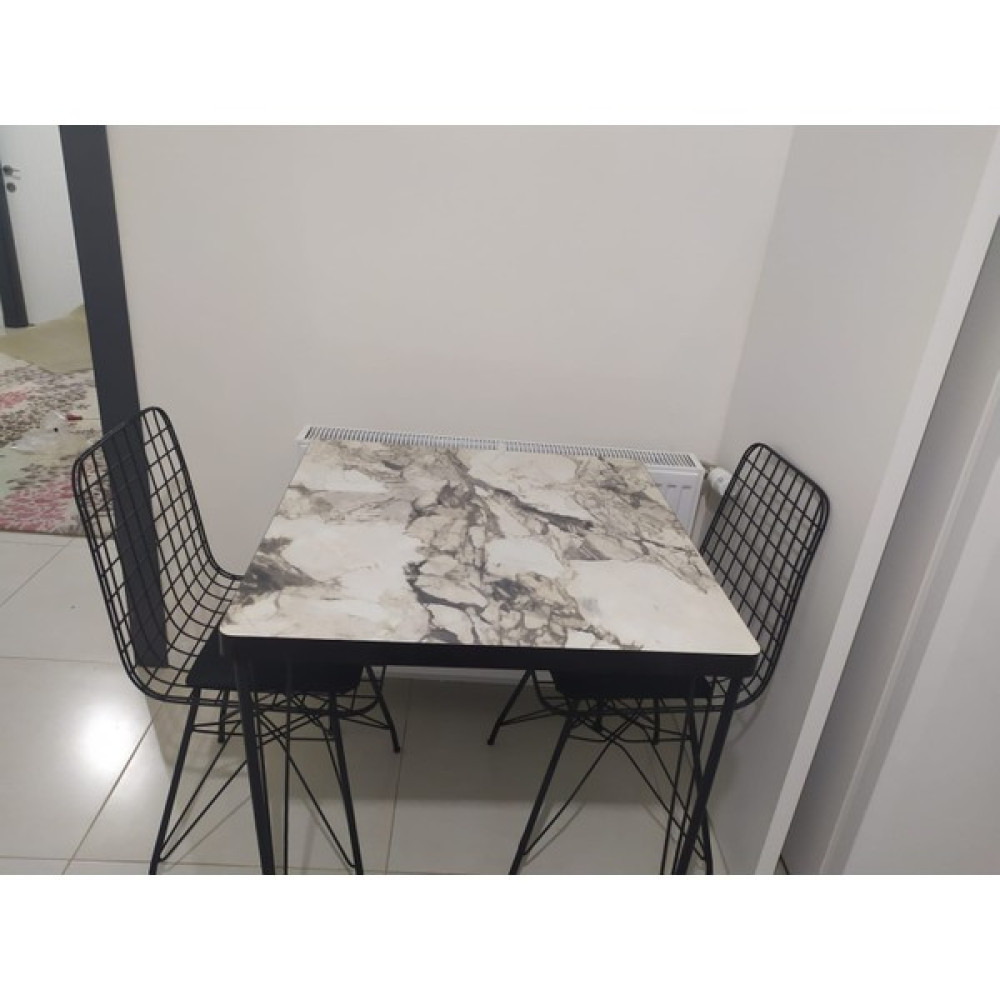 Trendy Assel Milan 2 Kişilik Yemek Masası Takımı - Mutfak Masası Takımı (Beyaz Mermer Desenli) - Beyaz Mermer - 70 x 70 cm Masa - Sandalye Seti / Takımı Fiyatı