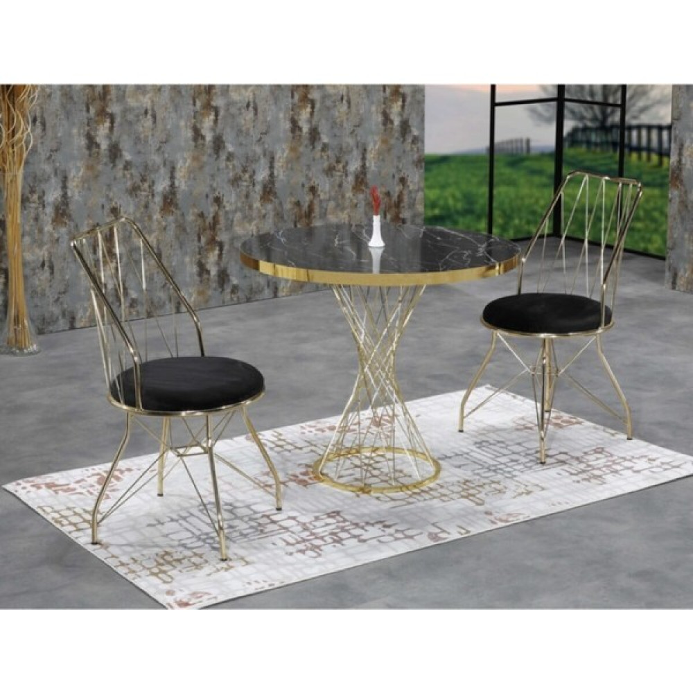Trendy Assel Miray 2 Kişilik Siyah Mermerli Gold Oval Mutfak Masası Takımı - 90 x 70 cm Masa - Sandalye Seti / Takımı Fiyatı