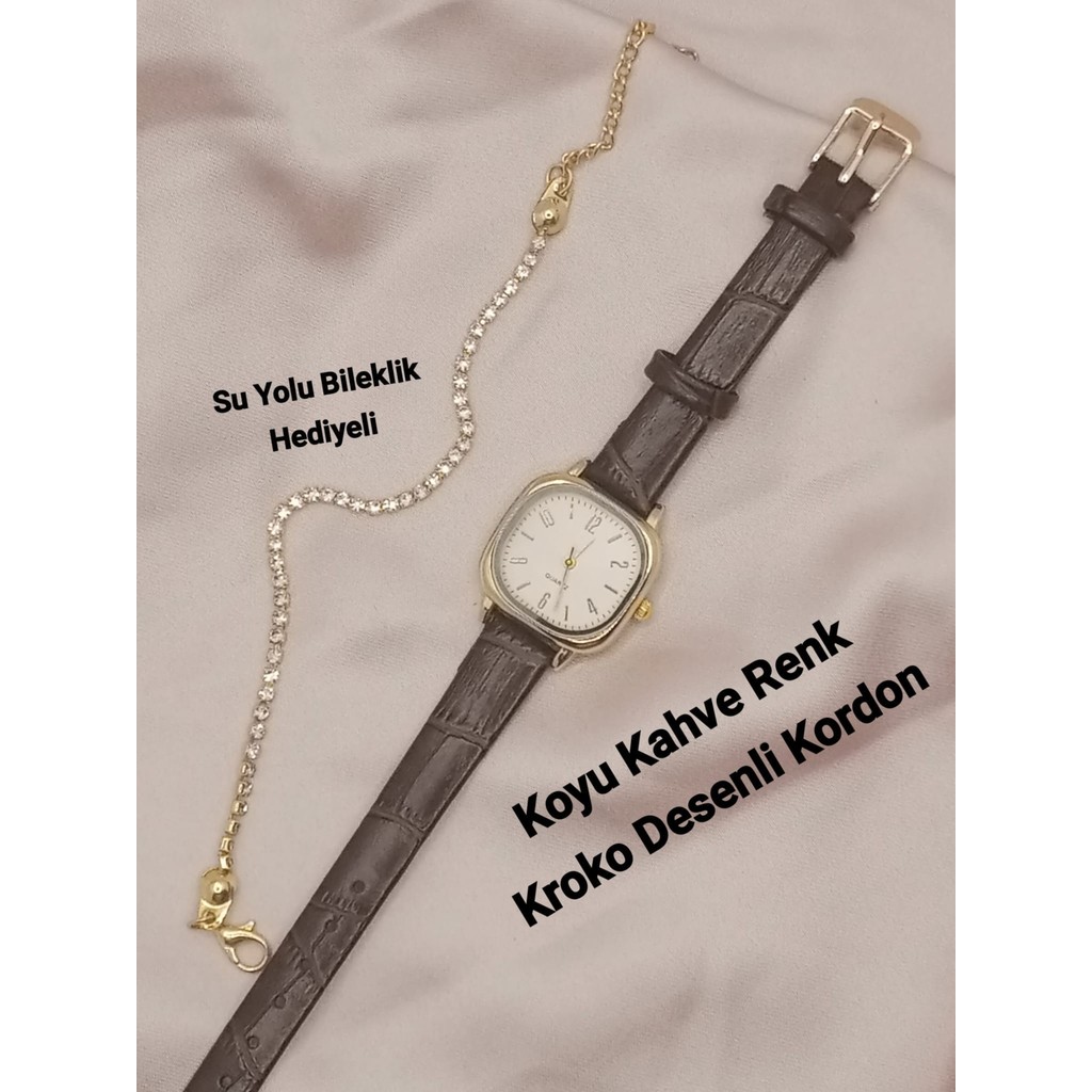 Trendy Son Moda Kadın Kol Saati Vintage Oval Gold Kasa- Koyu Kahve Kroko Desenli Kordon TT0054 - 20 cm Diğer Fiyatı