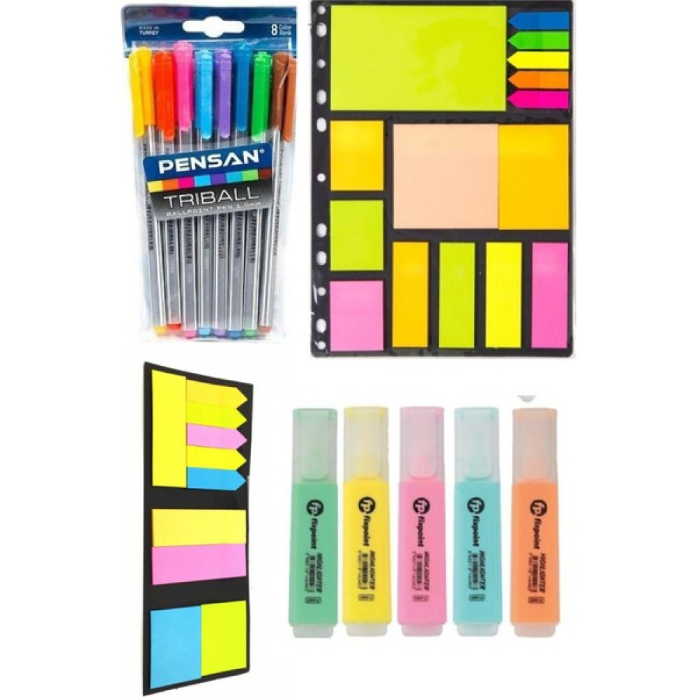 Tribal Tükenmez Kalem + Fixpoint 5 Renk Pastel Fosforlu Kalem + A4 15 Parça Post-It+ 10PARÇA Post-It Fosforlu Kalem Fiyatı