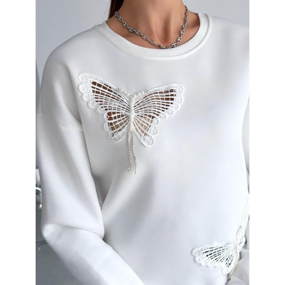 Trikom Kadın Içi Şardonlu Kelebek Desenli Sweatshirt Bayan Sweatshirt Fiyatı