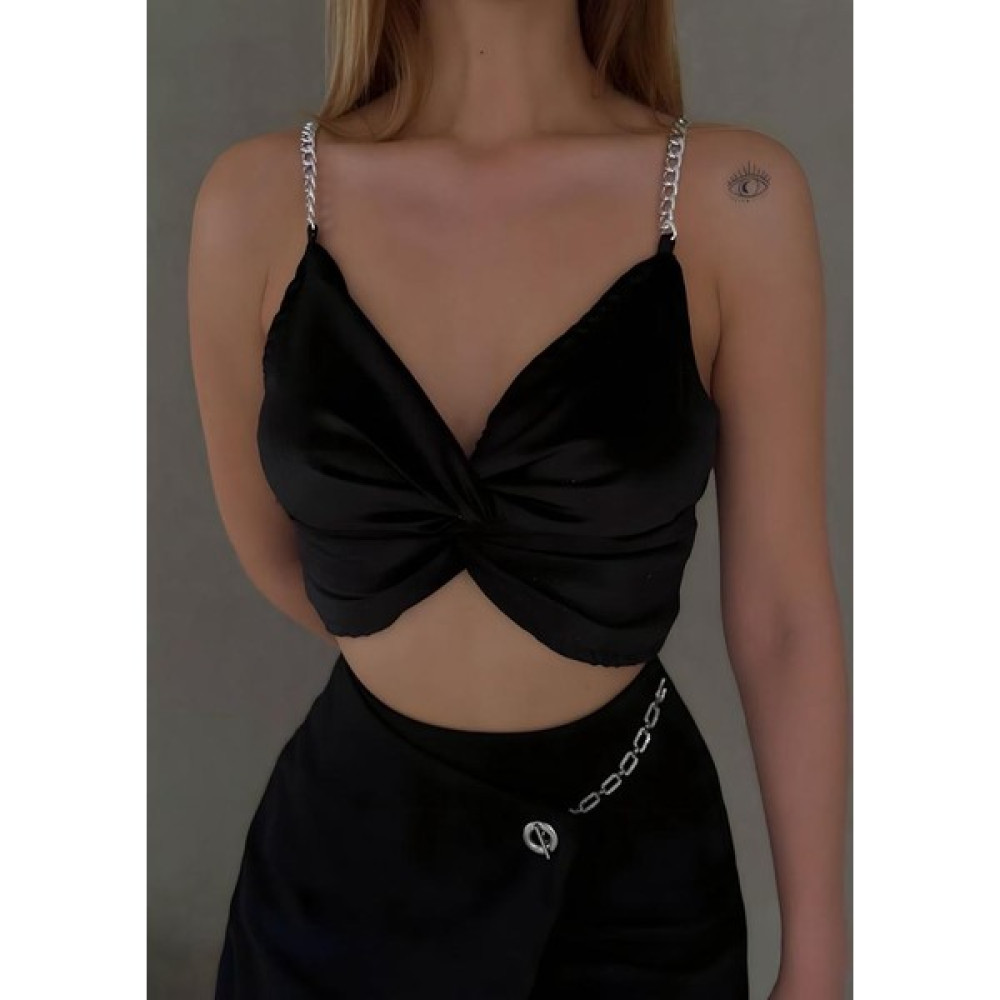 Trikom Kadın Siyah Zincir Detaylı Kadife Crop Bluz Bluz Fiyatı