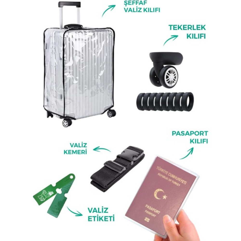 Trink Çanta Şeffaf Valiz Kılıfı 5'li Set (Valiz Kılıfı-Tekerlek Kılıfı-Kemer-Etiket-Pasaportluk) Bayan Çanta ve Cüzdan Fiyatı
