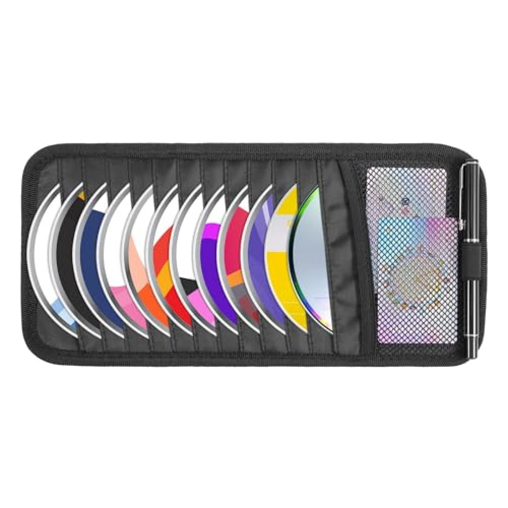 Trinkrittey Black Car CD Case Holder DVD Vehicle Visor Storage Orangizer Large Capacity CD Visor Case with 12 DVD Storage Sleeves 1 Mesh Pocket 1 Pen Holder and Elastic Strap